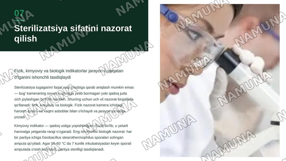 Tibbiyotda zamonaviy sterilizatsiya usullari. Srelizatsiya dezinfeksiya usullariga bakteriologik baxo berish .
​Kimyoterapevtik preparatlar va antibiotiklarga bakteriyalarning chidamli shtammlarining shakllanish mehanizmlari — zamonaviy taqdimot, 8-slayd