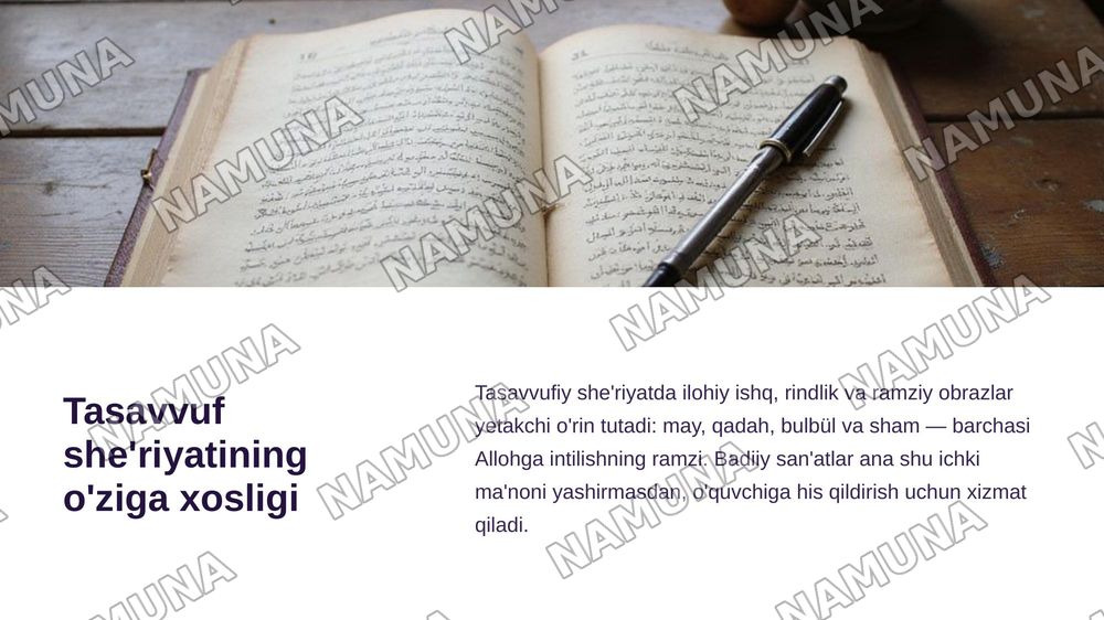Tasavvufiy asarlarning badiiyati.  Fariddin Attor, Jaloliddin Rumiy, Alisher Navoiylar ijodi. İlmi badi' yoki badiiy san'atlar talqini — zamonaviy taqdimot, 3-slayd