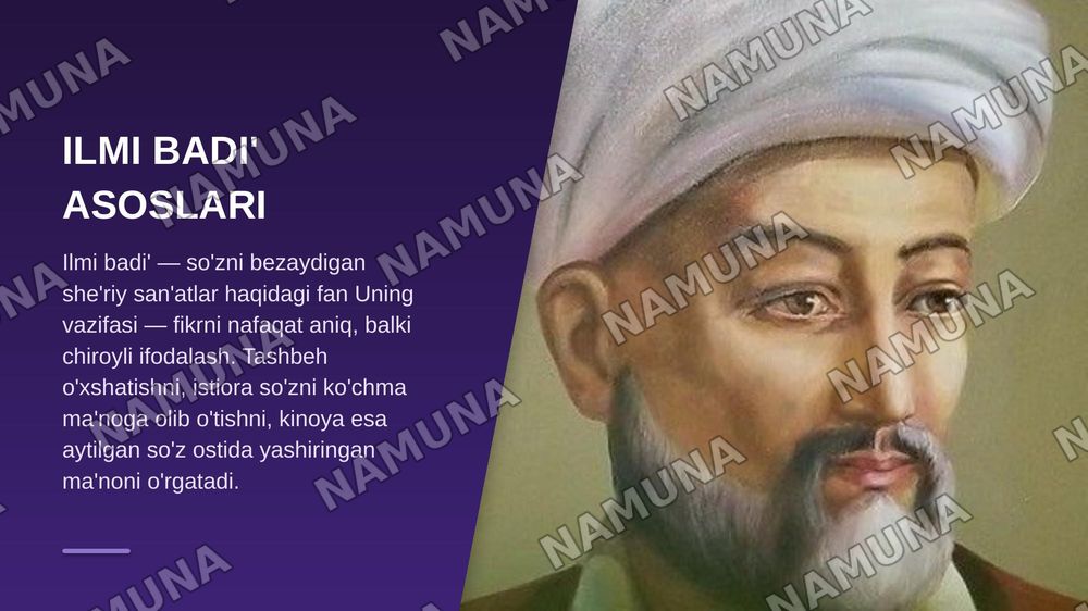 Tasavvufiy asarlarning badiiyati.  Fariddin Attor, Jaloliddin Rumiy, Alisher Navoiylar ijodi. İlmi badi' yoki badiiy san'atlar talqini — zamonaviy taqdimot, 4-slayd