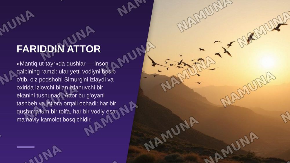 Tasavvufiy asarlarning badiiyati.  Fariddin Attor, Jaloliddin Rumiy, Alisher Navoiylar ijodi. İlmi badi' yoki badiiy san'atlar talqini — zamonaviy taqdimot, 6-slayd