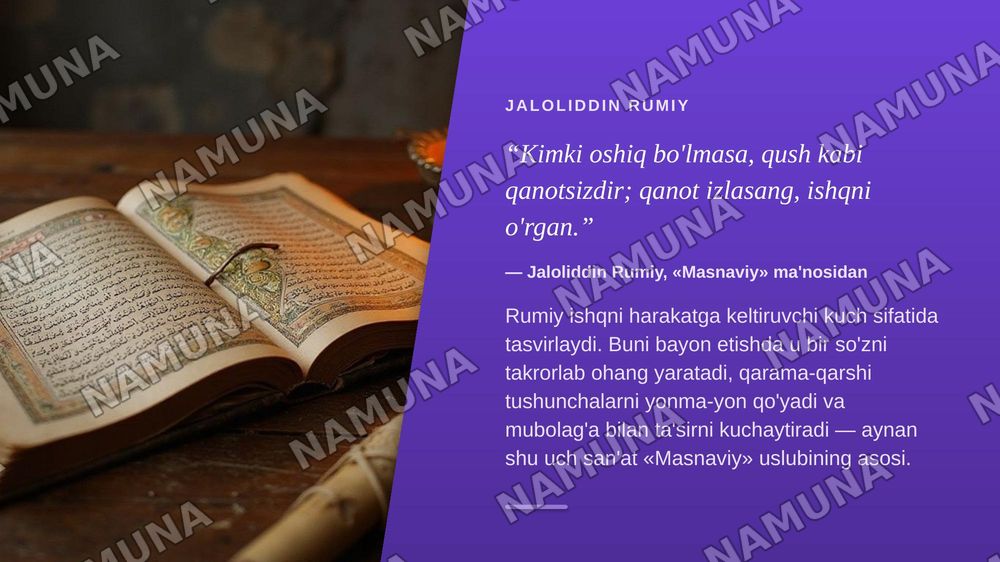 Tasavvufiy asarlarning badiiyati.  Fariddin Attor, Jaloliddin Rumiy, Alisher Navoiylar ijodi. İlmi badi' yoki badiiy san'atlar talqini — zamonaviy taqdimot, 7-slayd