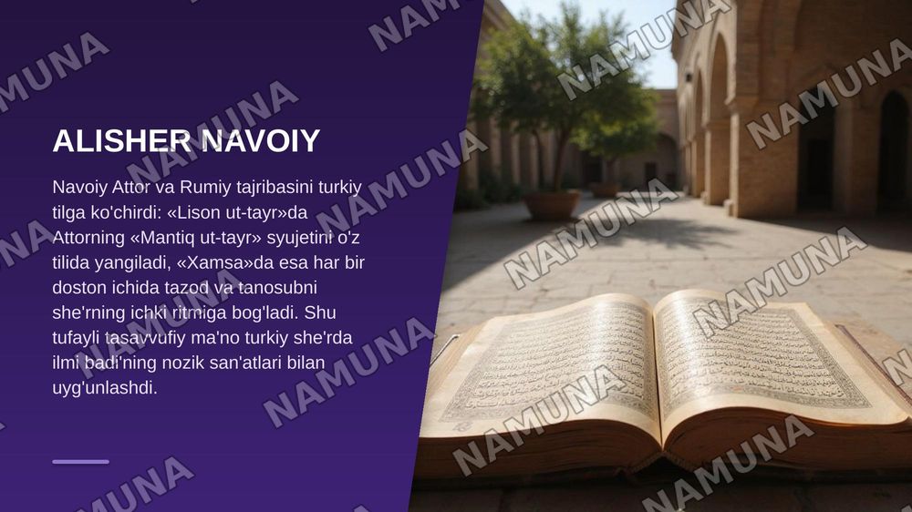 Tasavvufiy asarlarning badiiyati.  Fariddin Attor, Jaloliddin Rumiy, Alisher Navoiylar ijodi. İlmi badi' yoki badiiy san'atlar talqini — zamonaviy taqdimot, 8-slayd