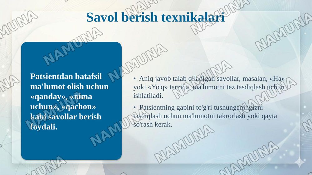 Patsient bilan verbal muloqot ko'nikmalari. — taqdimot, 5-slayd