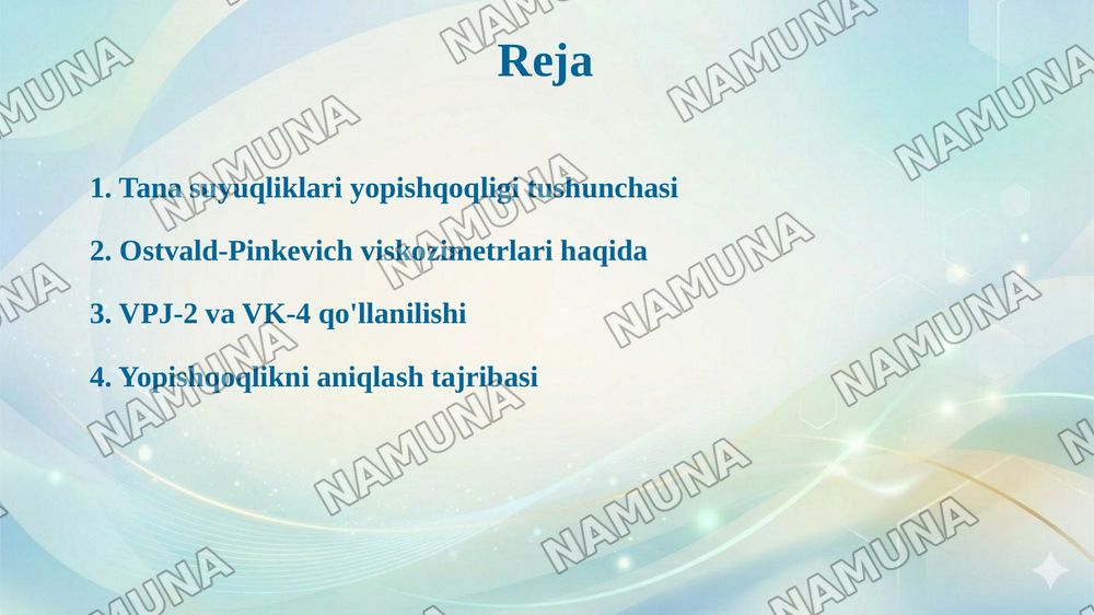 Tana suyuqliklarining yopishqoqligi aniqlash usullari o'rganish. Ostvald-Pinkevich Viskozimetri VPJ-2 va VK-4 yordamida suyuqlikning yopishqoqligini aniqlash. — taqdimot, 2-slayd