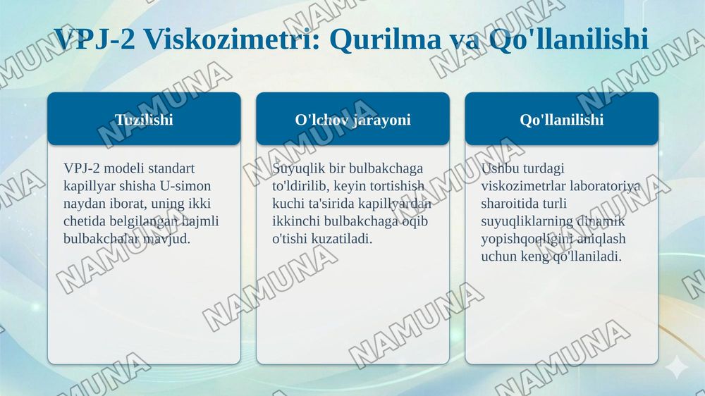 Tana suyuqliklarining yopishqoqligi aniqlash usullari o'rganish. Ostvald-Pinkevich Viskozimetri VPJ-2 va VK-4 yordamida suyuqlikning yopishqoqligini aniqlash. — taqdimot, 7-slayd
