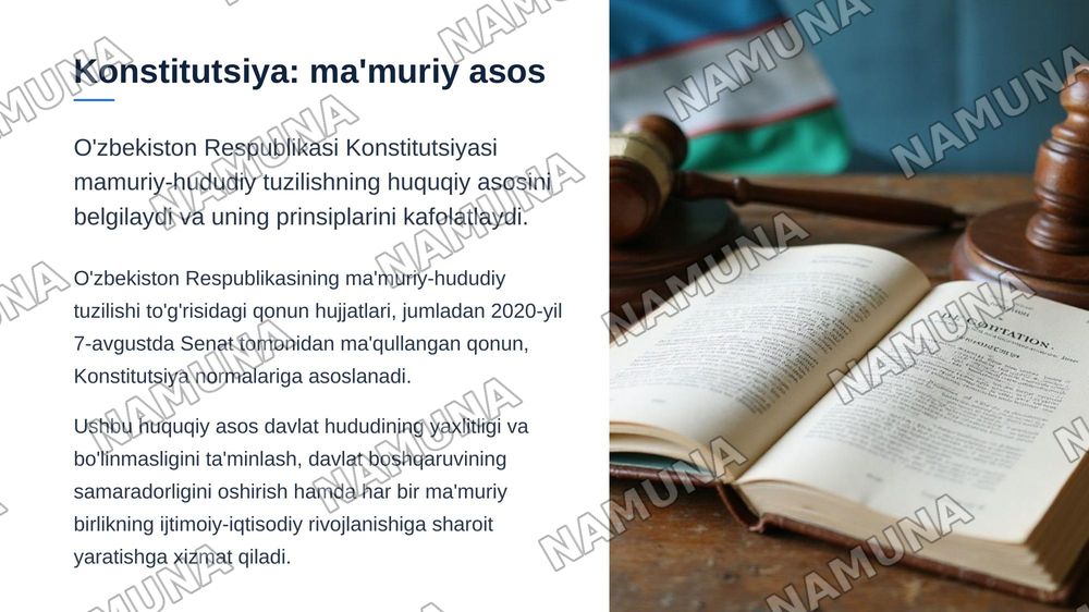 Ózbekiston Respublikasi mamuriy huqudiy tuzilishlari va  Qoraqalpog'iston Respublikasi (konstitutsiyaning 16-17boblari) — zamonaviy taqdimot, 5-slayd