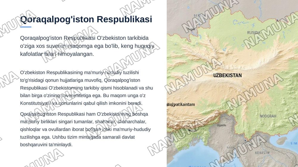 Ózbekiston Respublikasi mamuriy huqudiy tuzilishlari va  Qoraqalpog'iston Respublikasi (konstitutsiyaning 16-17boblari) — zamonaviy taqdimot, 6-slayd
