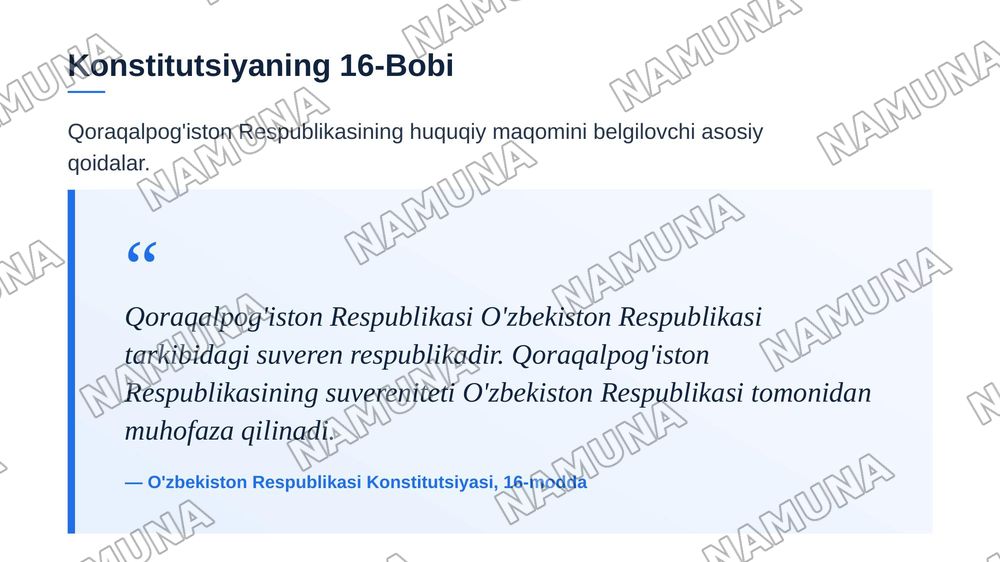 Ózbekiston Respublikasi mamuriy huqudiy tuzilishlari va  Qoraqalpog'iston Respublikasi (konstitutsiyaning 16-17boblari) — zamonaviy taqdimot, 7-slayd