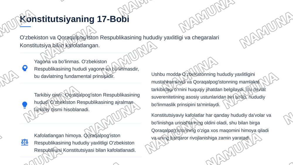 Ózbekiston Respublikasi mamuriy huqudiy tuzilishlari va  Qoraqalpog'iston Respublikasi (konstitutsiyaning 16-17boblari) — zamonaviy taqdimot, 8-slayd