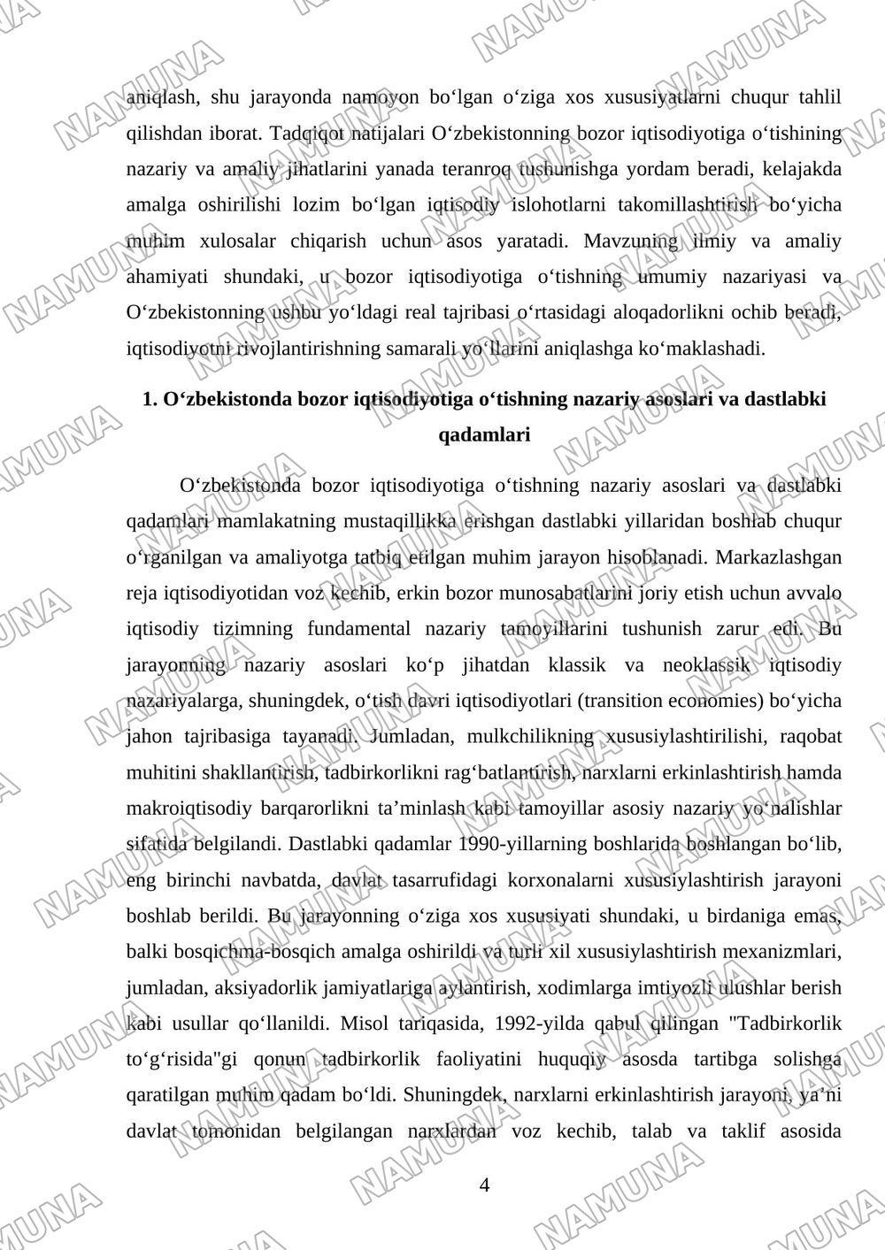 Mavzu: O‘zbekiston Respublikasida bozor munosabatlarining shakllanishi, uning yo‘nalishlari, bosqichlari va xususiyatlari — mustaqil ish, 4-varaq