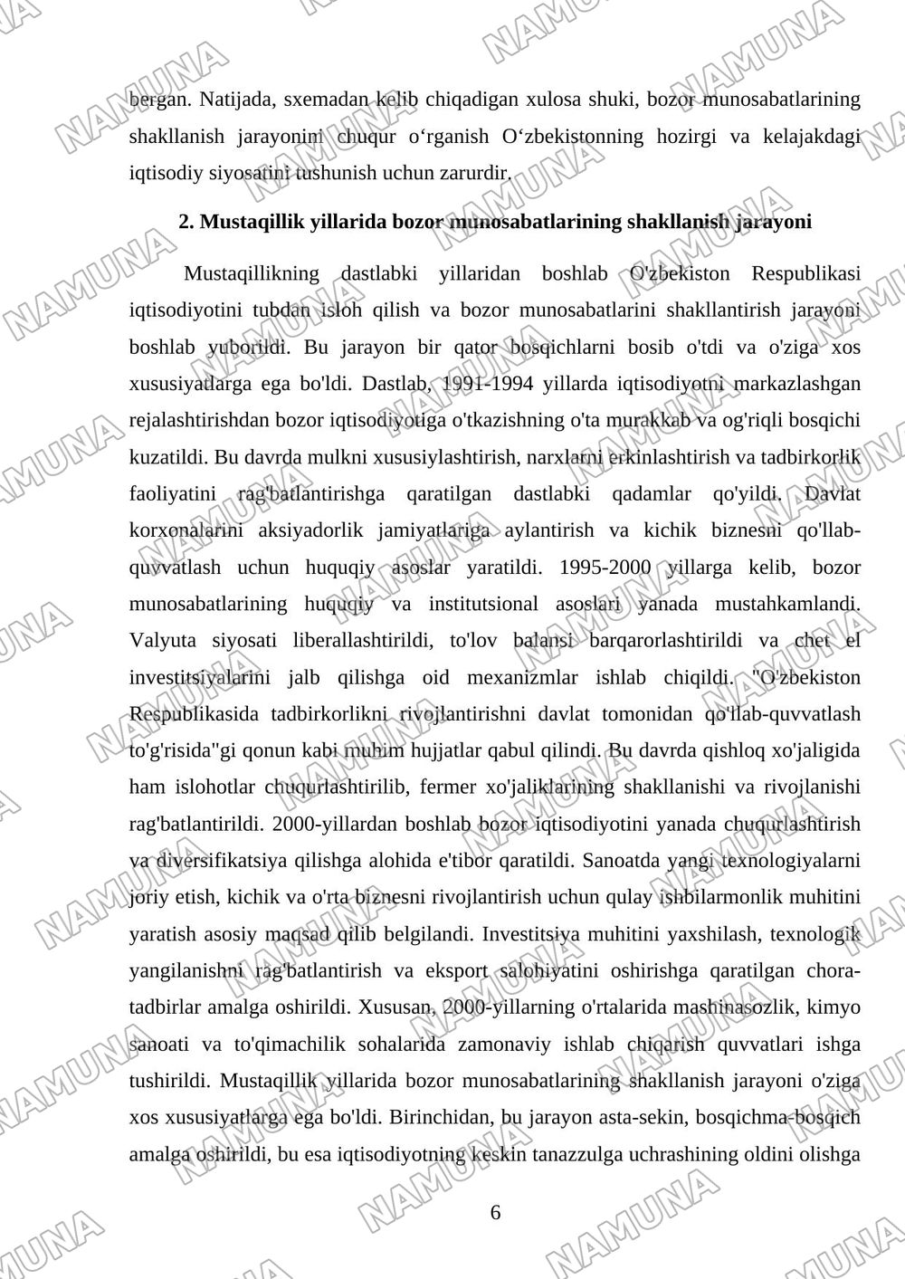 Mavzu: O‘zbekiston Respublikasida bozor munosabatlarining shakllanishi, uning yo‘nalishlari, bosqichlari va xususiyatlari — mustaqil ish, 6-varaq