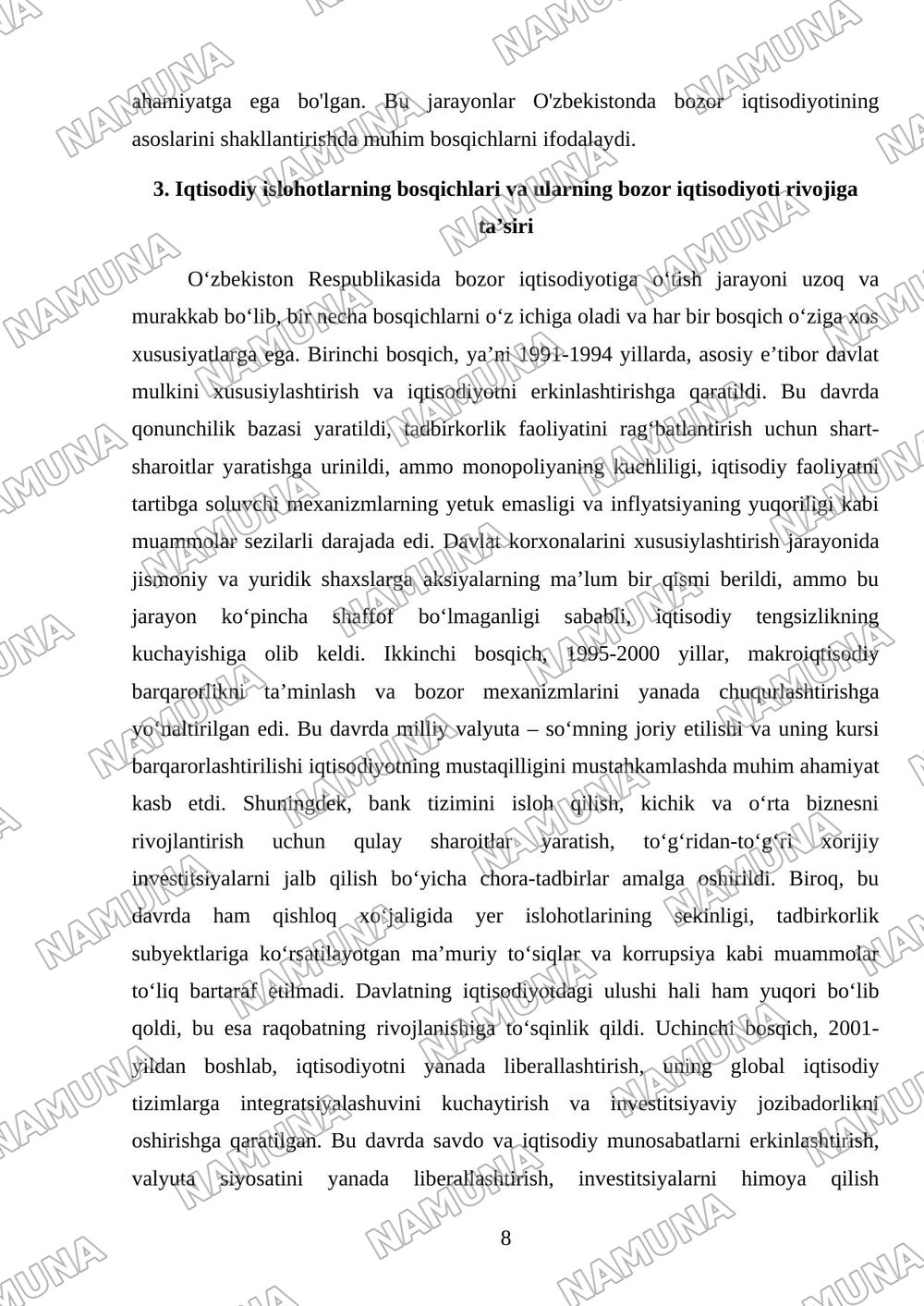 Mavzu: O‘zbekiston Respublikasida bozor munosabatlarining shakllanishi, uning yo‘nalishlari, bosqichlari va xususiyatlari — mustaqil ish, 8-varaq