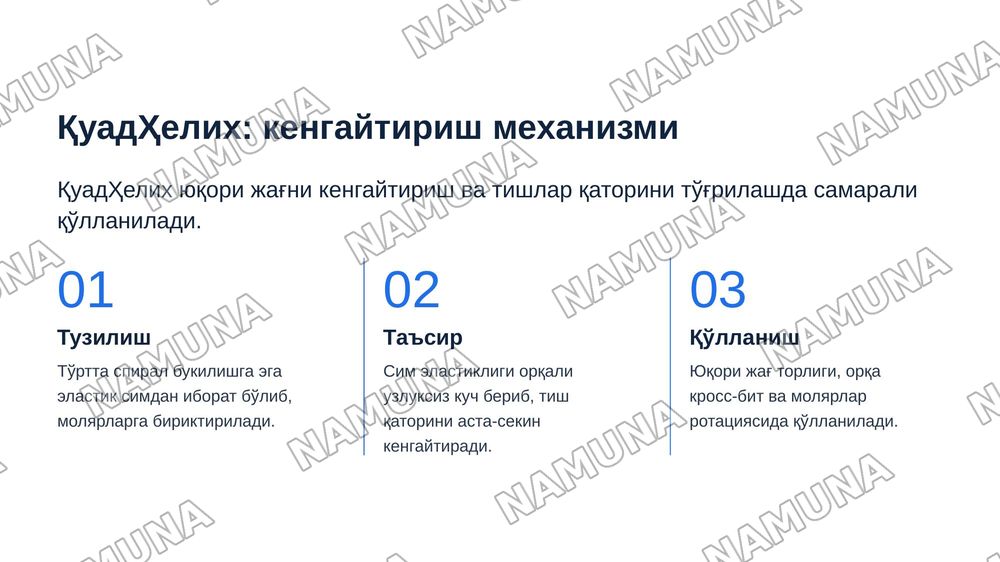 Нансе аппарати. Гошгариан буйича танглай бюгели.QuadHelix, Дерихсвайлер аппарати.Норда аппарати. Лаб бампери, тил ёйи .юз ёйи ( Headgear ,Facebow) — zamonaviy taqdimot, 6-slayd