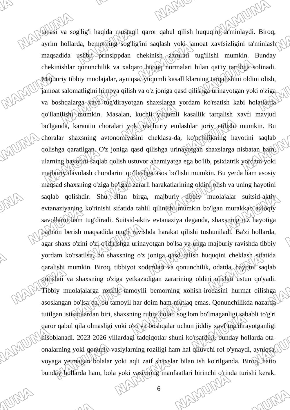 Tibbiy muolajalarga rozilik masalasi tahlil qilish, suitsid-aktiv evtanaziyaning koʻrinishi sifatida bilish — mustaqil ish, 6-varaq