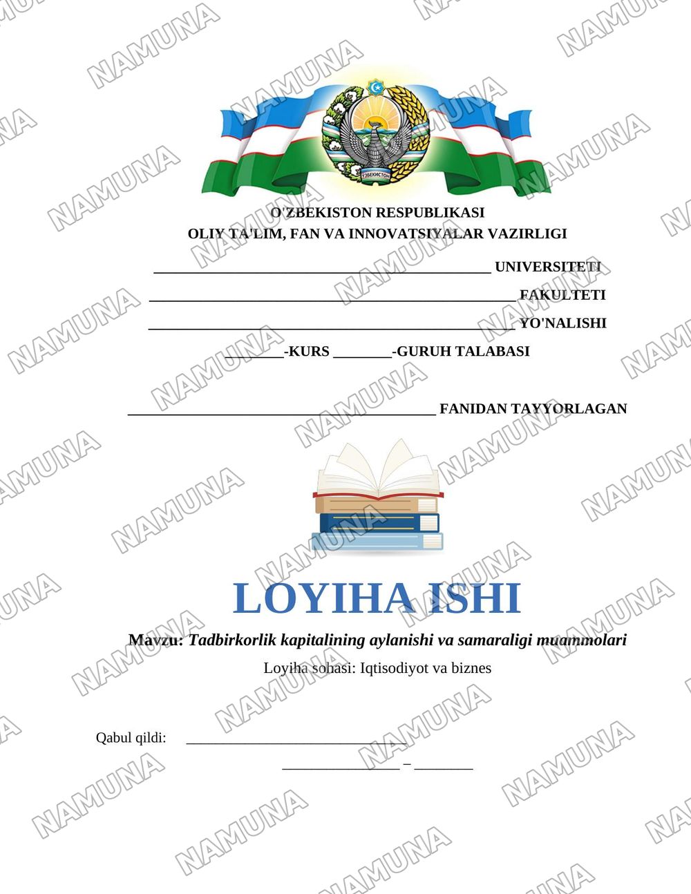 Tadbirkorlik kapitalining aylanishi va samaraligi muammolari — loyiha ishi, 1-varaq