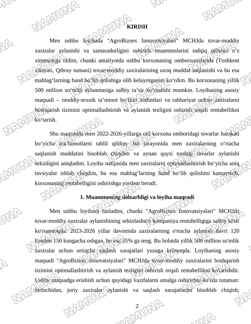 Tadbirkorlik kapitalining aylanishi va samaraligi muammolari — loyiha ishi, 2-varaq