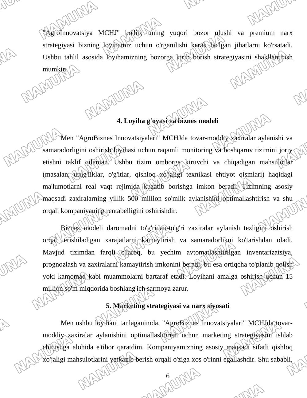 Tadbirkorlik kapitalining aylanishi va samaraligi muammolari — loyiha ishi, 6-varaq