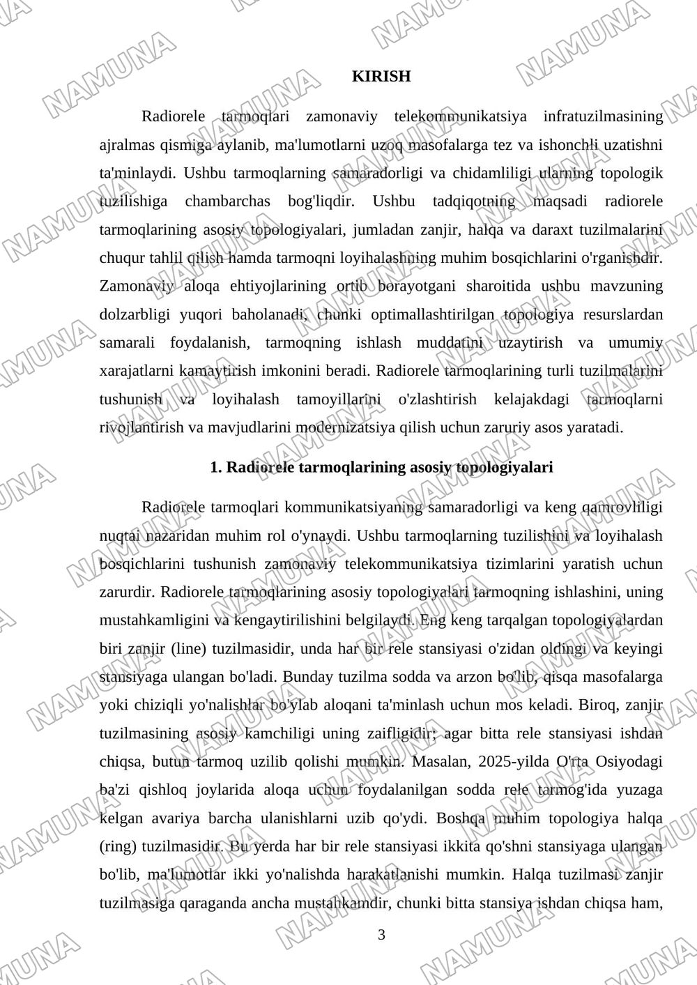 Radiorele tarmoqlarining topologiyalari. Zanjir, halqa va daraxt tuzilmalari, tarmoqni loyihalash bosqichlari. — mustaqil ish, 3-varaq