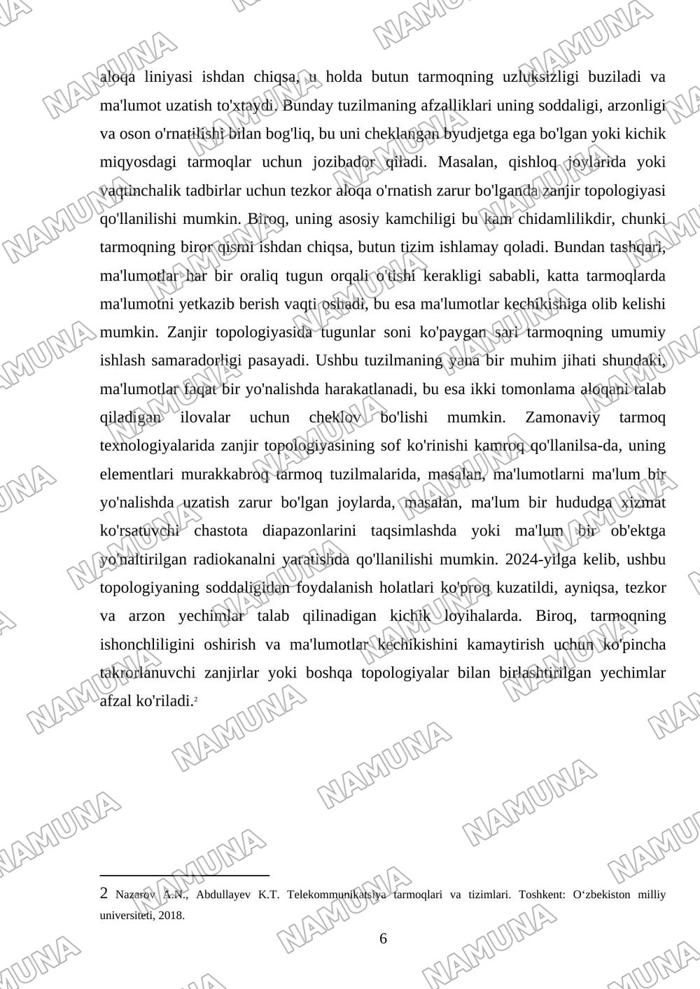 Radiorele tarmoqlarining topologiyalari. Zanjir, halqa va daraxt tuzilmalari, tarmoqni loyihalash bosqichlari. — mustaqil ish, 6-varaq