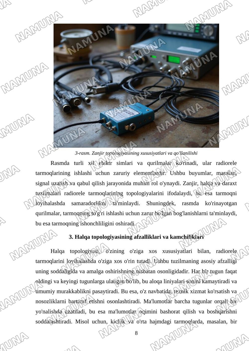 Radiorele tarmoqlarining topologiyalari. Zanjir, halqa va daraxt tuzilmalari, tarmoqni loyihalash bosqichlari. — mustaqil ish, 8-varaq