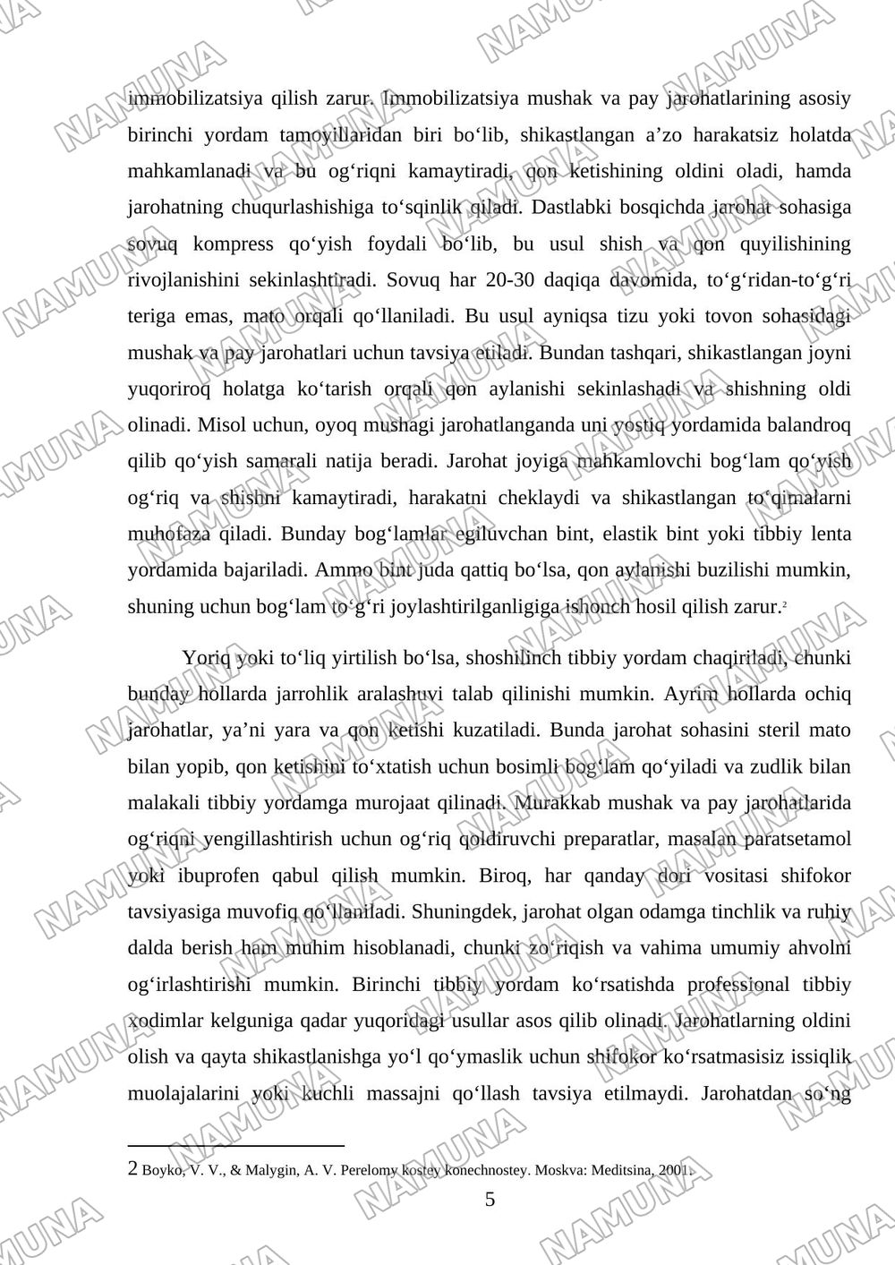 Mushak va pay jarohatlarida birinchi tibbiy yordam koʻrsatish — mustaqil ish, 5-varaq