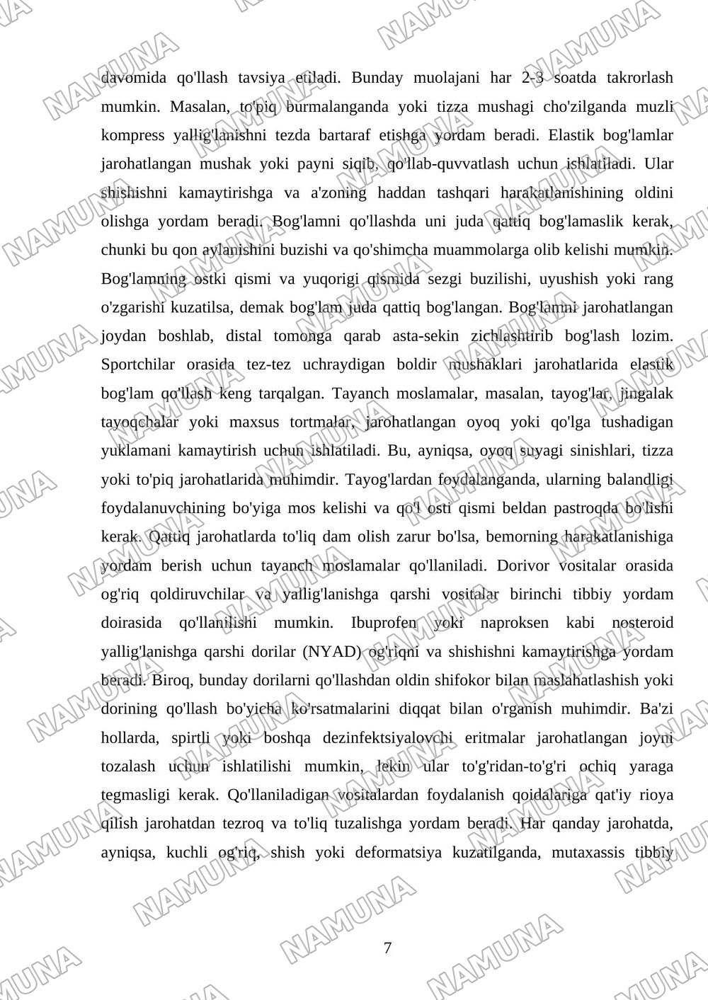 Mushak va pay jarohatlarida birinchi tibbiy yordam koʻrsatish — mustaqil ish, 7-varaq