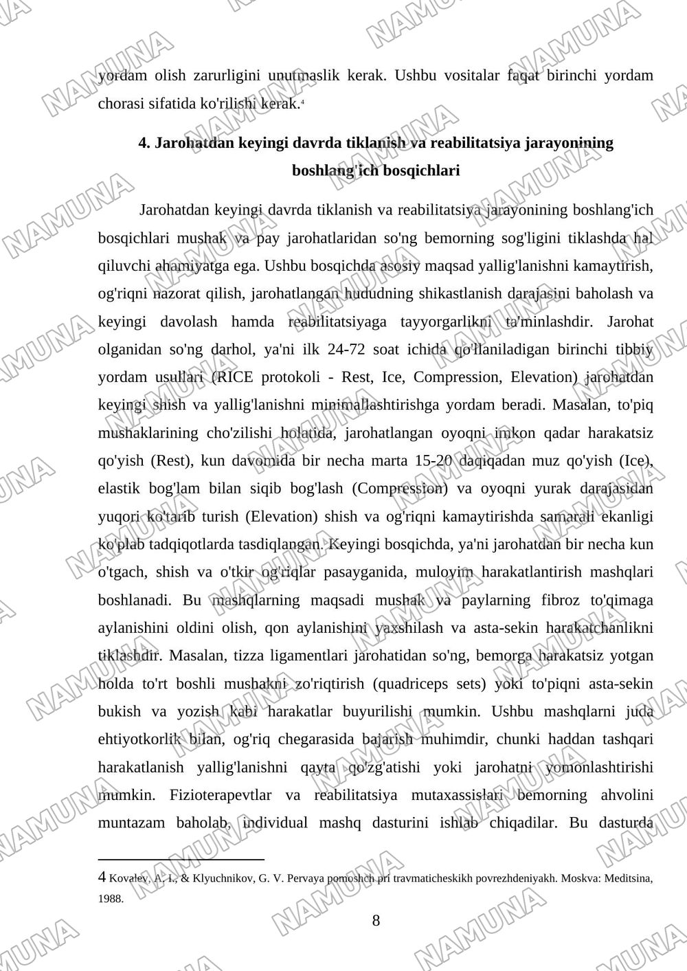 Mushak va pay jarohatlarida birinchi tibbiy yordam koʻrsatish — mustaqil ish, 8-varaq