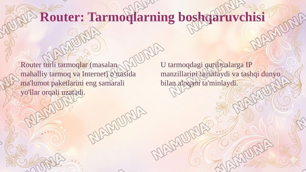 Zamonaviy tarmoq uskunalari: router, switch, access point va  
modemning vazifalari — taqdimot, 4-slayd