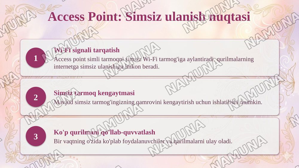 Zamonaviy tarmoq uskunalari: router, switch, access point va  
modemning vazifalari — taqdimot, 6-slayd