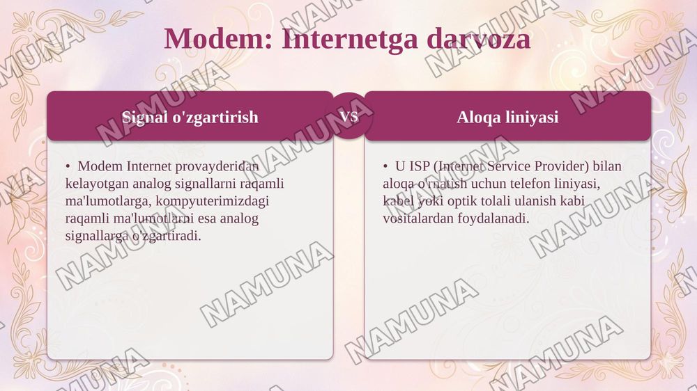Zamonaviy tarmoq uskunalari: router, switch, access point va  
modemning vazifalari — taqdimot, 7-slayd
