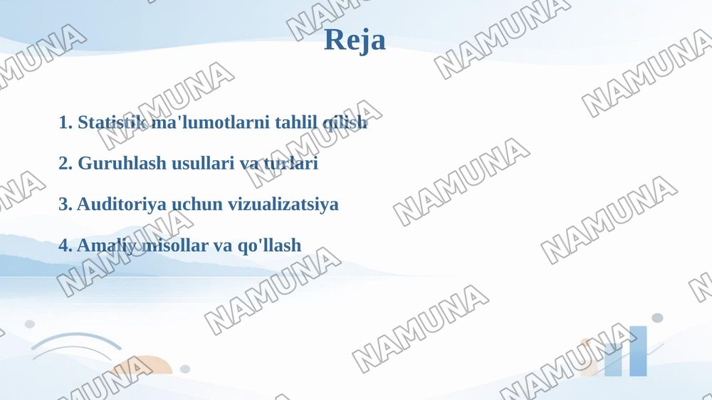 Statistik jamlash va guruhlash — taqdimot, 2-slayd