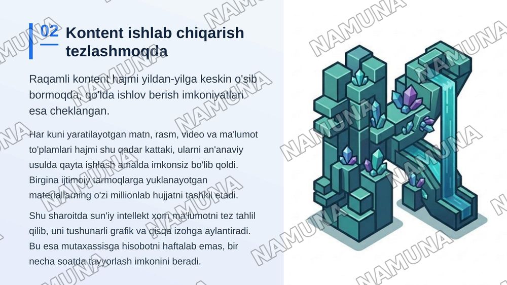 SUN’IY INTELLEKT ASOSIDA MA’LUMOTLARNI INFOGRAFIK TAQDIM ETISH VA KONTENT YARATISH — zamonaviy taqdimot, 3-slayd