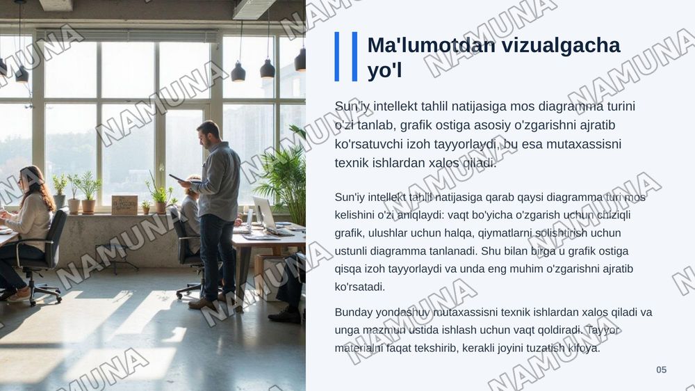 SUN’IY INTELLEKT ASOSIDA MA’LUMOTLARNI INFOGRAFIK TAQDIM ETISH VA KONTENT YARATISH — zamonaviy taqdimot, 6-slayd