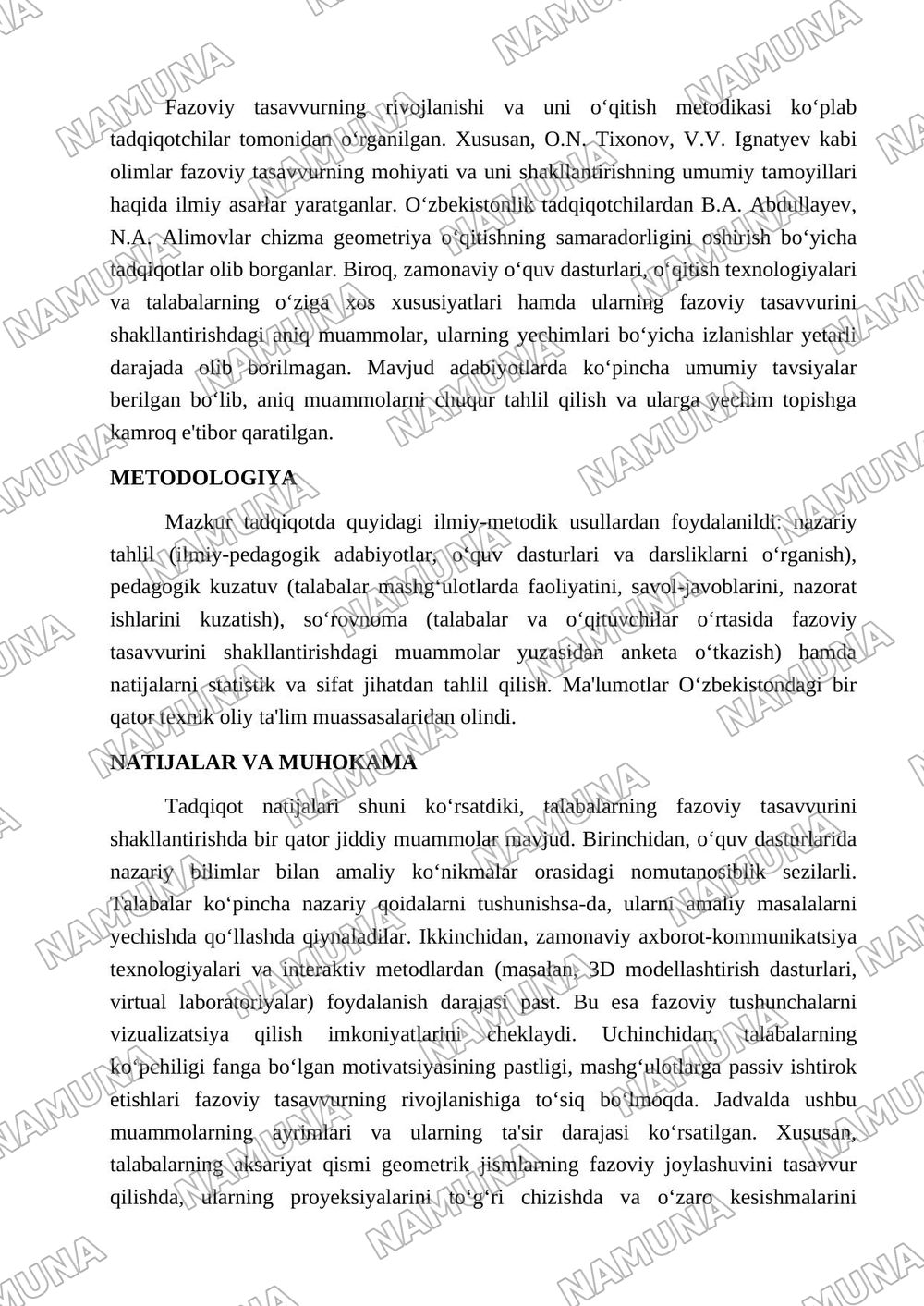 Chizma geometriya fanini oʻqitishda talabalarning fazoviy tasavvurini shakllantirish muammolari. — maqola, 2-varaq