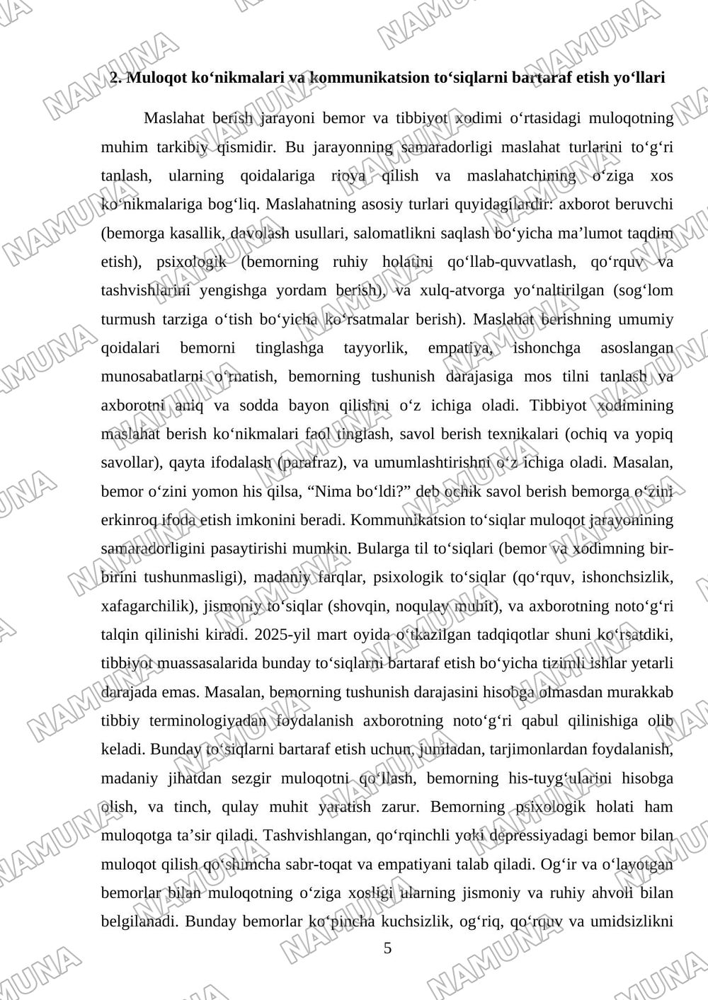 Maslaxat turlari, qoidalari, maslaxat berish koʻnikmalari. Kommunikatsion toʻsiqlar. Bemorlarning ruhiy holati. Og'ir va oʻlayotgan bemorlar bilan muloqotning oʻziga xosligi — mustaqil ish, 5-varaq