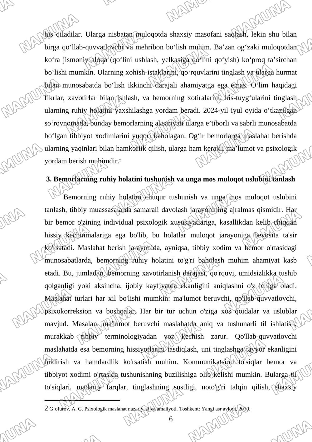 Maslaxat turlari, qoidalari, maslaxat berish koʻnikmalari. Kommunikatsion toʻsiqlar. Bemorlarning ruhiy holati. Og'ir va oʻlayotgan bemorlar bilan muloqotning oʻziga xosligi — mustaqil ish, 6-varaq