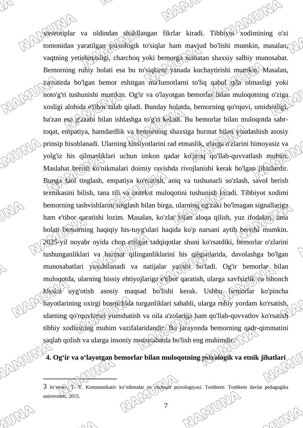 Maslaxat turlari, qoidalari, maslaxat berish koʻnikmalari. Kommunikatsion toʻsiqlar. Bemorlarning ruhiy holati. Og'ir va oʻlayotgan bemorlar bilan muloqotning oʻziga xosligi — mustaqil ish, 7-varaq