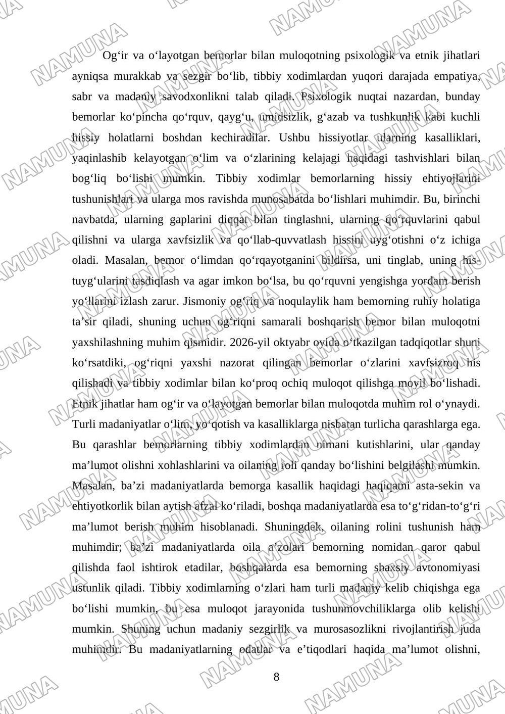 Maslaxat turlari, qoidalari, maslaxat berish koʻnikmalari. Kommunikatsion toʻsiqlar. Bemorlarning ruhiy holati. Og'ir va oʻlayotgan bemorlar bilan muloqotning oʻziga xosligi — mustaqil ish, 8-varaq