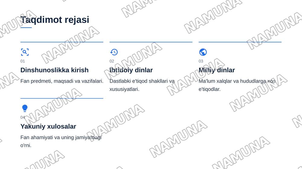 Dinshunoslik fanining predmeti maqsad va vazifalari.
1. Ibtidoiy din korinishlari
2. Milliy dinlar — zamonaviy taqdimot, 2-slayd