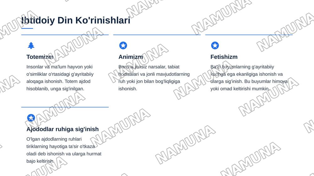 Dinshunoslik fanining predmeti maqsad va vazifalari.
1. Ibtidoiy din korinishlari
2. Milliy dinlar — zamonaviy taqdimot, 5-slayd