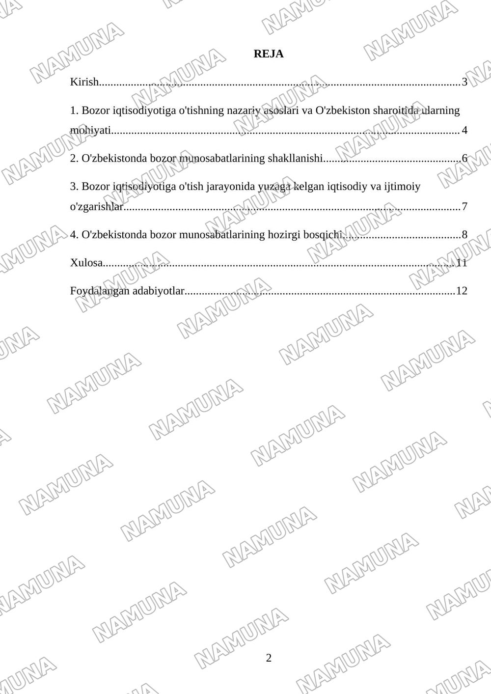 O‘zbekiston Respublikasida bozor munosabatlarining shakllanishi: bosqichlari va xususiyatlari. — mustaqil ish, 2-varaq