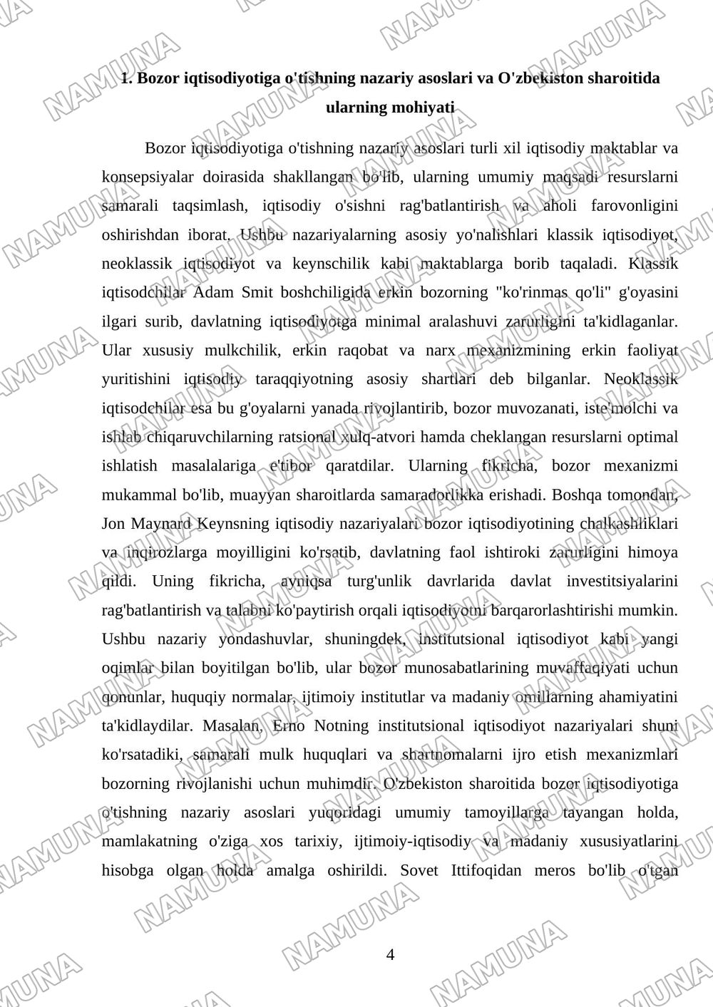 O‘zbekiston Respublikasida bozor munosabatlarining shakllanishi: bosqichlari va xususiyatlari. — mustaqil ish, 4-varaq