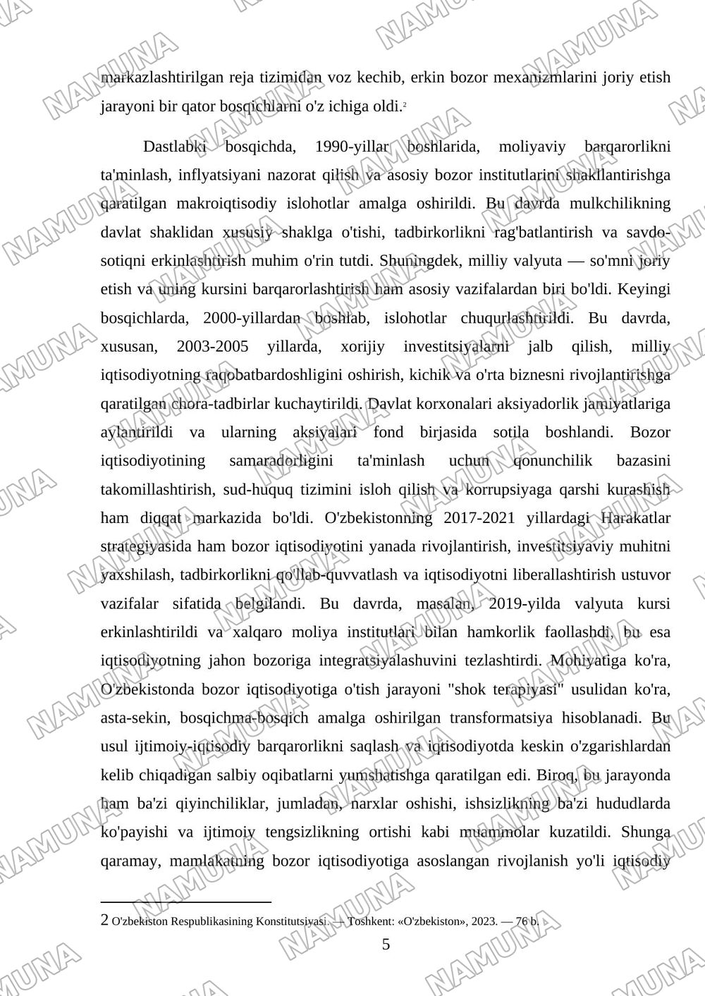 O‘zbekiston Respublikasida bozor munosabatlarining shakllanishi: bosqichlari va xususiyatlari. — mustaqil ish, 5-varaq