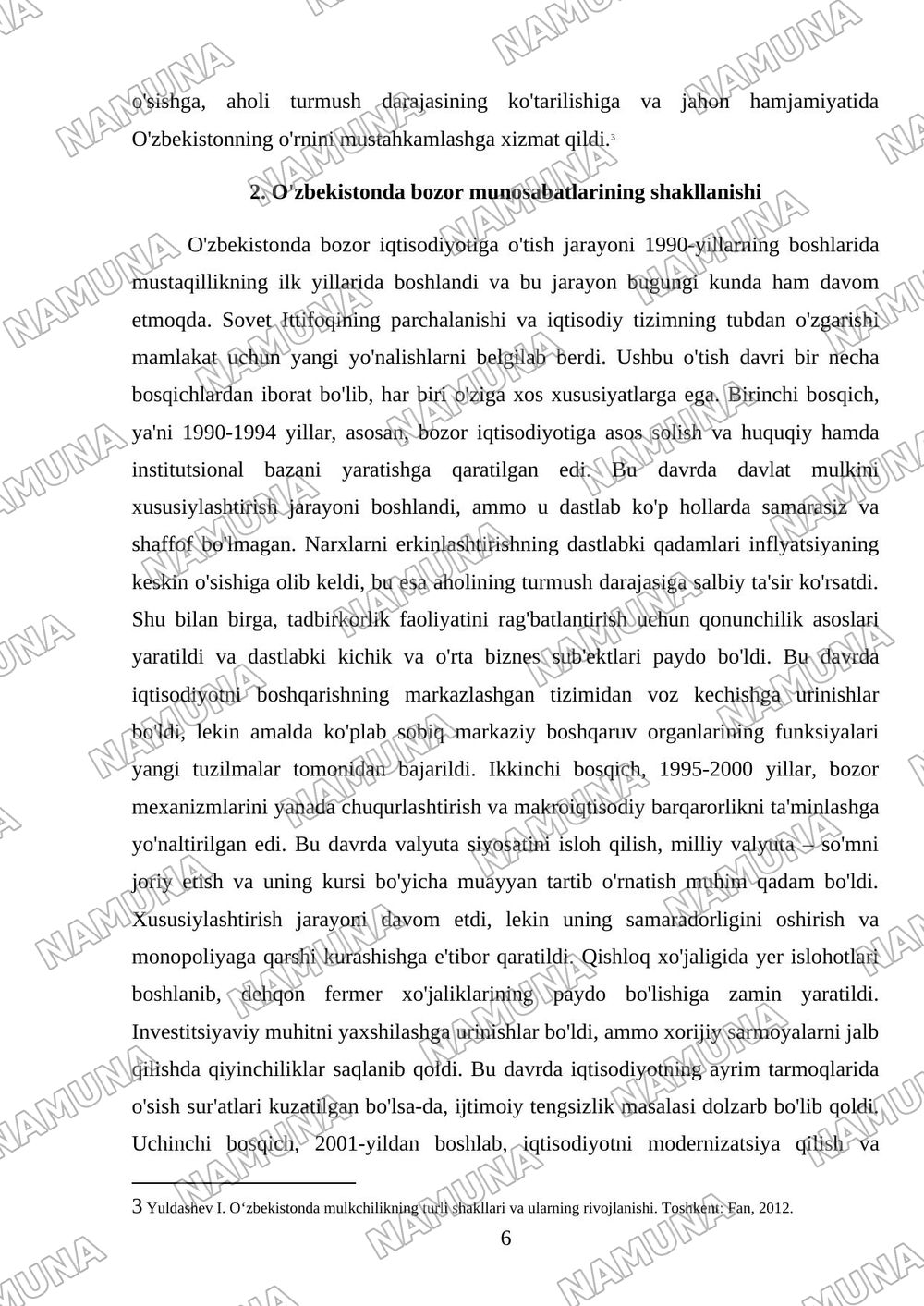 O‘zbekiston Respublikasida bozor munosabatlarining shakllanishi: bosqichlari va xususiyatlari. — mustaqil ish, 6-varaq