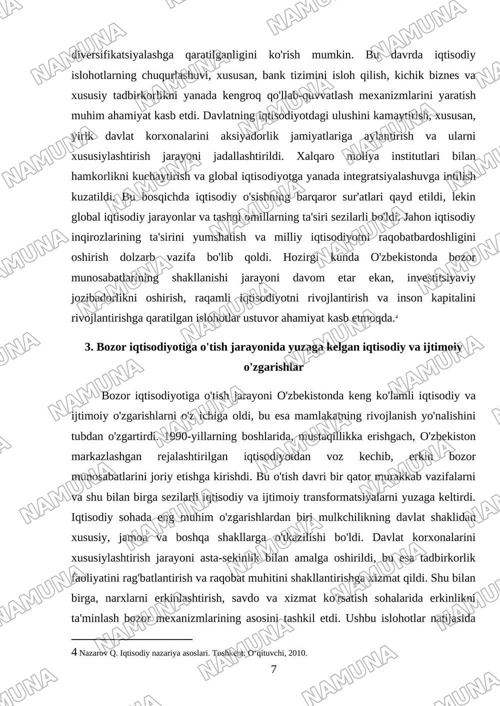 O‘zbekiston Respublikasida bozor munosabatlarining shakllanishi: bosqichlari va xususiyatlari. — mustaqil ish, 7-varaq