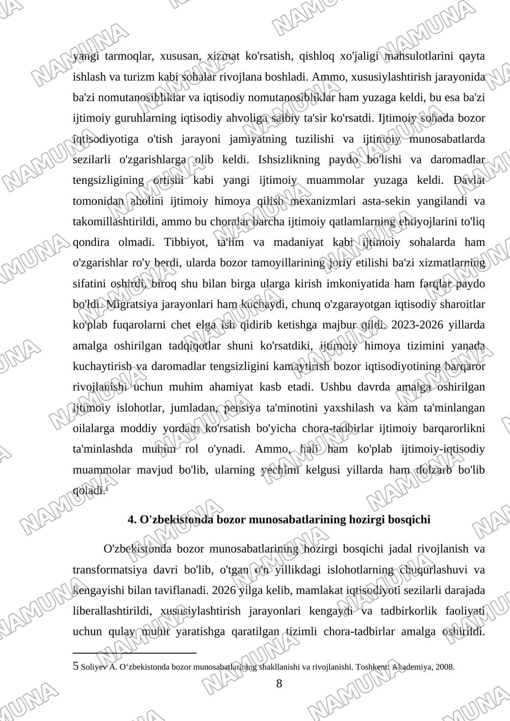 O‘zbekiston Respublikasida bozor munosabatlarining shakllanishi: bosqichlari va xususiyatlari. — mustaqil ish, 8-varaq