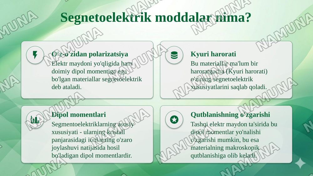 Segnetoelektriklar
(domenlar, gisterezis hodisasi, to‘g‘ri va teskari pyezoelektrik effekt, Segnetoelektriklarning qo‘llanilishi) — taqdimot, 4-slayd