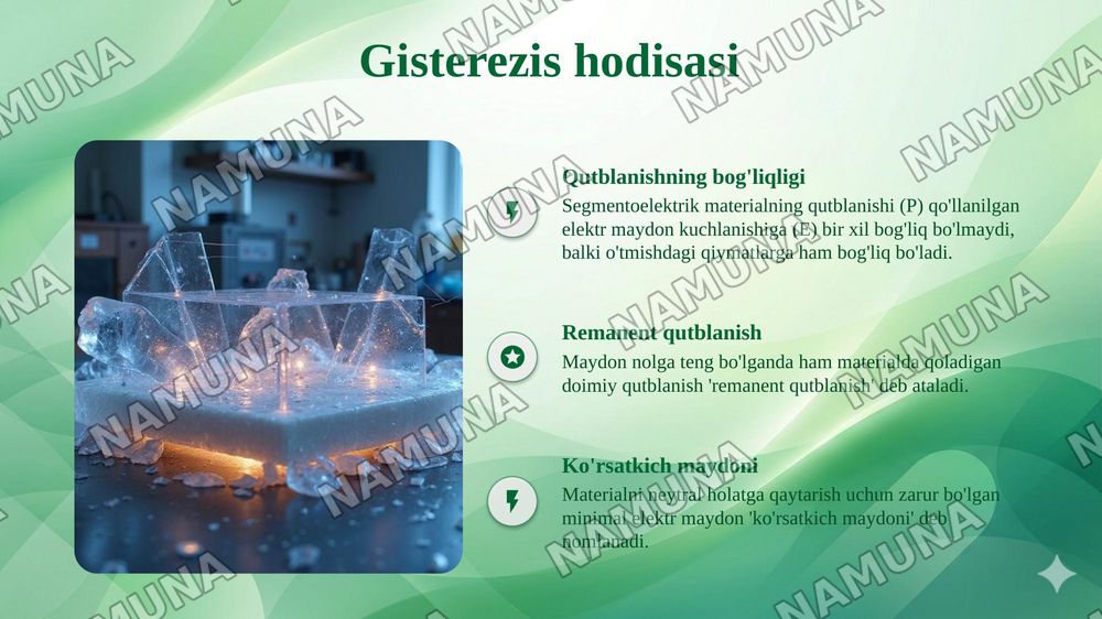 Segnetoelektriklar
(domenlar, gisterezis hodisasi, to‘g‘ri va teskari pyezoelektrik effekt, Segnetoelektriklarning qo‘llanilishi) — taqdimot, 6-slayd