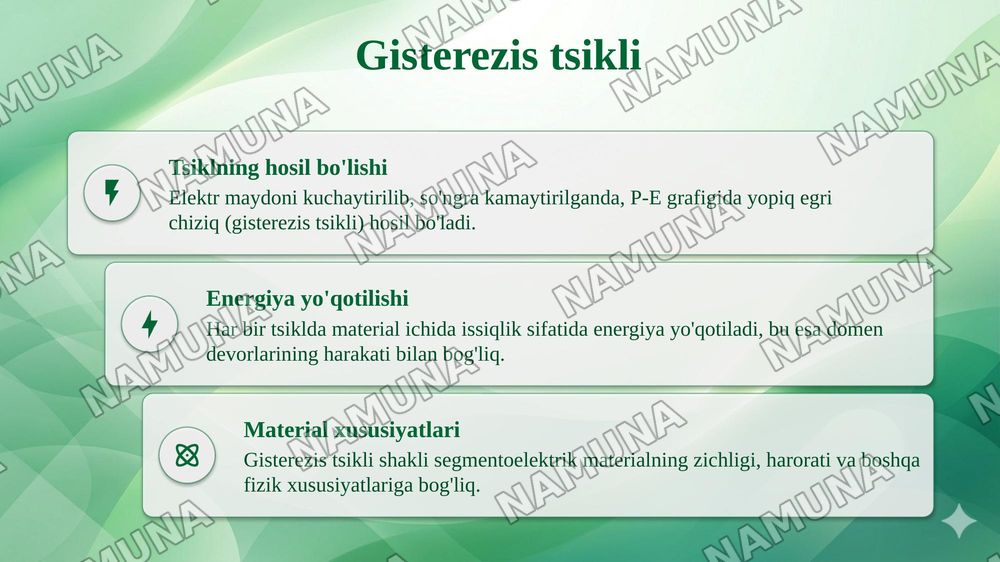 Segnetoelektriklar
(domenlar, gisterezis hodisasi, to‘g‘ri va teskari pyezoelektrik effekt, Segnetoelektriklarning qo‘llanilishi) — taqdimot, 7-slayd