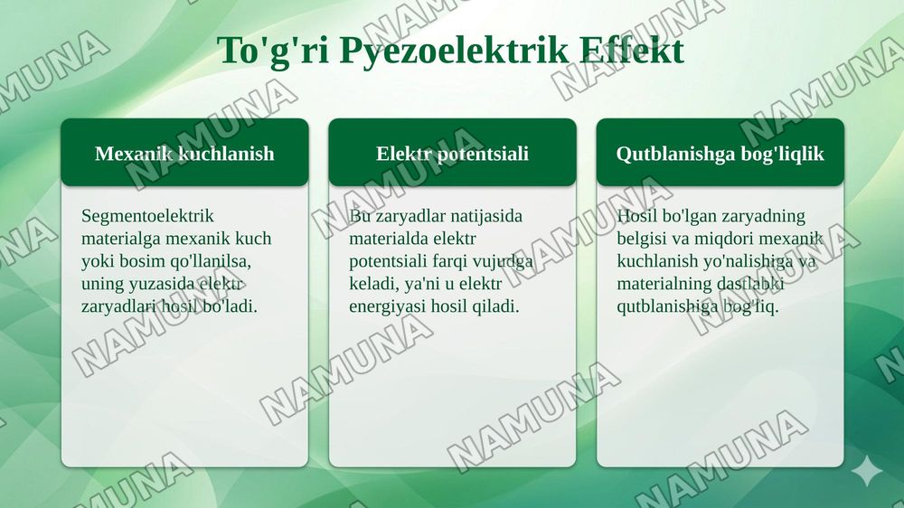 Segnetoelektriklar
(domenlar, gisterezis hodisasi, to‘g‘ri va teskari pyezoelektrik effekt, Segnetoelektriklarning qo‘llanilishi) — taqdimot, 8-slayd